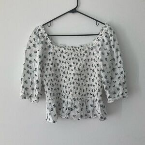 LOFT White Floral Puff Sleeve Ruffle Top Medium